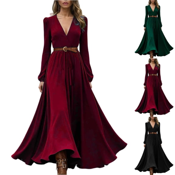 Women's Casual Dress Long Sleeve V-Neck Western Style Loose Fit Midi Dress for Spring Fall Daily,Wine,M