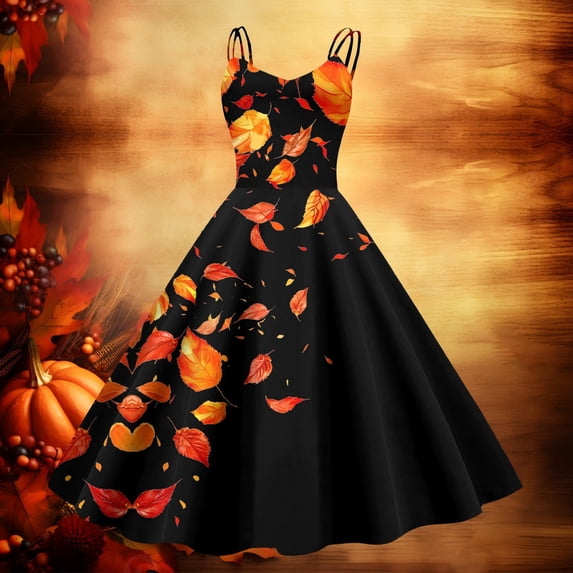 Women's Casual Dress Long Zippered Dress for Everyday Wear Printed Thanksgiving Theme Elegant Yet Relaxed Must-Have Seasonal Style Black S