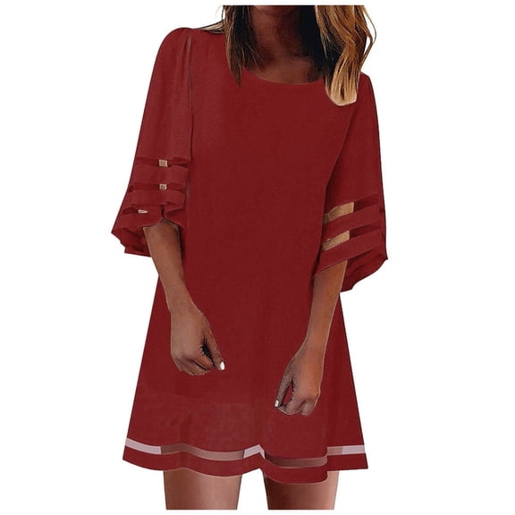 Women's Casual Dress Mesh 3/4 Sleeve Loose Fit V-Neck Dress for Everyday Wear Elegant Blouse-Style Casual Dress Red L