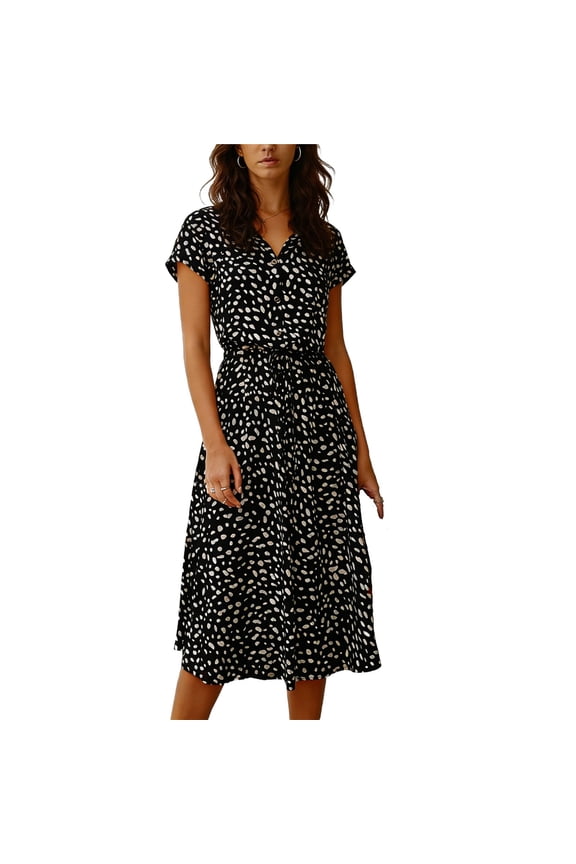 Women's Casual Dress, Polka Dot V-Neck Short Sleeve Loose Midi Shirt Dress with Drawstring Waist, Flowy Fabric for Spring, Summer, or Vacation Wear