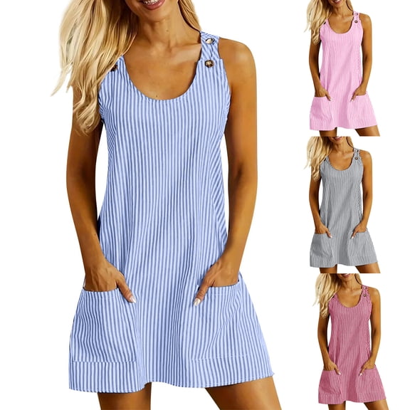 Women's Casual Dress Round Neck Button Shoulder Strap with Pocket Jumper Style Knee Length Dress for Spring Fall Party Daily,Pink,S