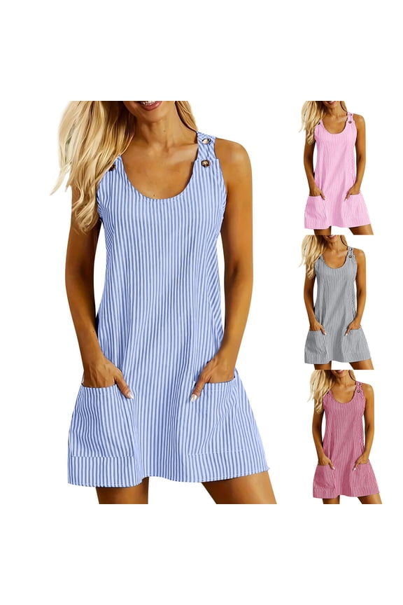 Women's Casual Dress Round Neck Button Shoulder Strap with Pocket Jumper Style Knee Length Dress for Spring Fall Party Daily,Pink,XL