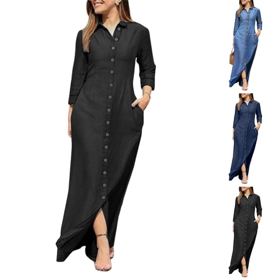 Women's Casual Dress Shirt Dress Long Sleeve Notch Collar with Pocket Loose Fit Denim Maxi Dress for Spring Fall,Navy,XL