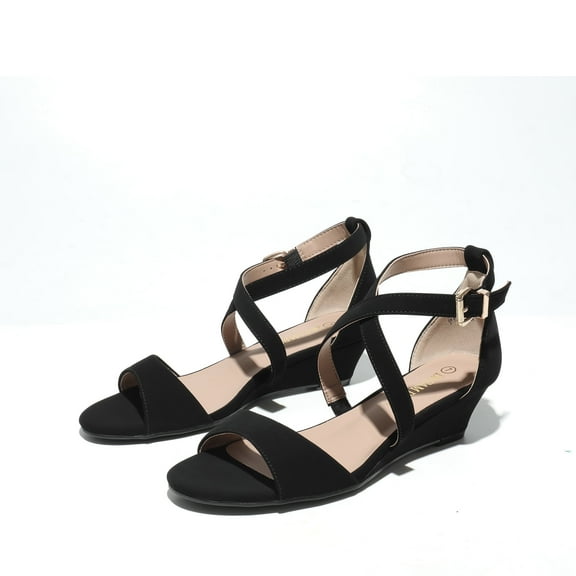 BURUDANI Women's Casual Dress Shoes Ankle Strap Low Wedge Sandals Fashion Open Toe Sandals BLACK/NUBUCK Size 8.5 wide available