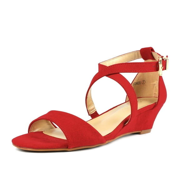 BURUDANI Women's Casual Dress Shoes Ankle Strap Low Wedge Sandals Fashion Open Toe Sandals RED/SUEDE Size 9 wide available