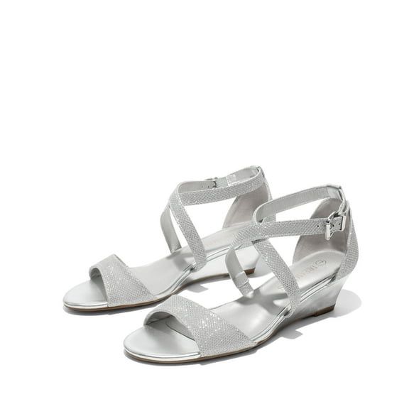 BURUDANI Women's Casual Dress Shoes Ankle Strap Low Wedge Sandals Fashion Open Toe Sandals SILVER Size 7 wide available
