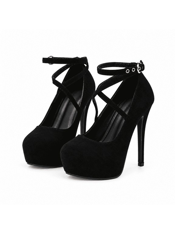 Women's Platform High Heels, Closed Toe Faux Suede Ankle Strap Stiletto Dress Shoes