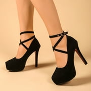 Womens ankle-strap high heels, chunky heel, crisscross straps, closed toe design, suitable for weddings and parties.High heel size 8.5