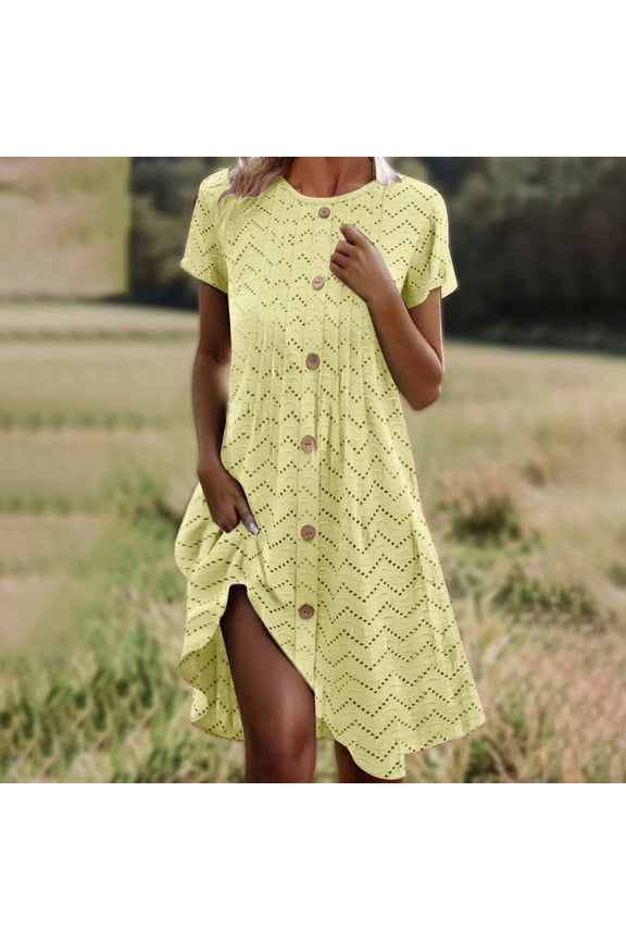 Women's Casual Dress, Short Sleeve Round Neck Knee Length Dress, Solid Color Stretch Daily Wear