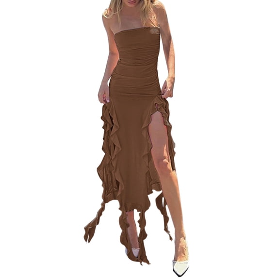 Women's Casual Dress -Shoulder Bust Wrap Irregular -Skimming Dress for Everyday Wear Brown S