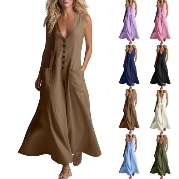 Women's Casual Dress Sleeveless Button Front Loose Flowy Maxi Long With Pockets Fashion Trendy Vacation