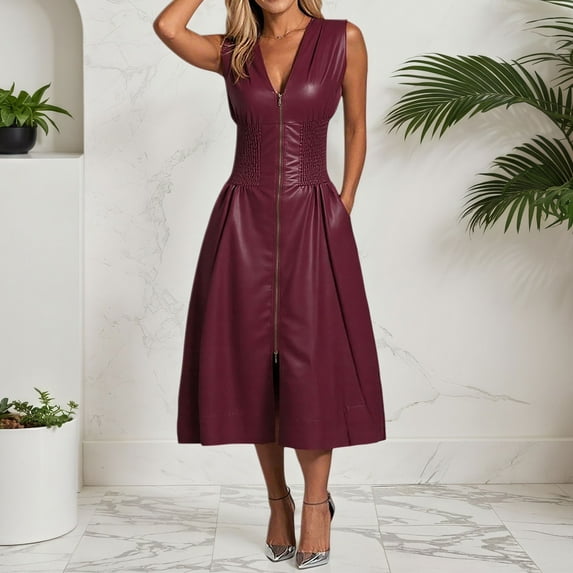 Women's Casual Dress Sleeveless Leather Zip Long Dress For Daily Vacation Stylish Solid Color Design Comfortable Fashion Outfit Dresses for Women plus Size Elegant Dress for Women Womens Summer