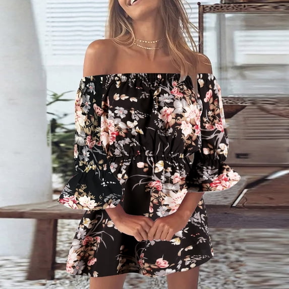 Women's Casual Tennis Dress Sleeveless Summer Off Shoulder Floral Short Dress for Women Loose Casual Party Dress Black XL