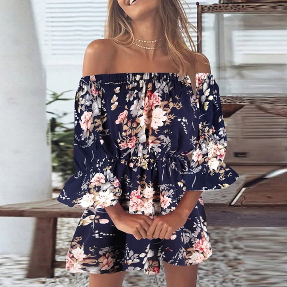 Women's Casual Dress Sleeveless Summer Off Shoulder Floral Short Dress for Women Loose Casual Party Dress Blue M