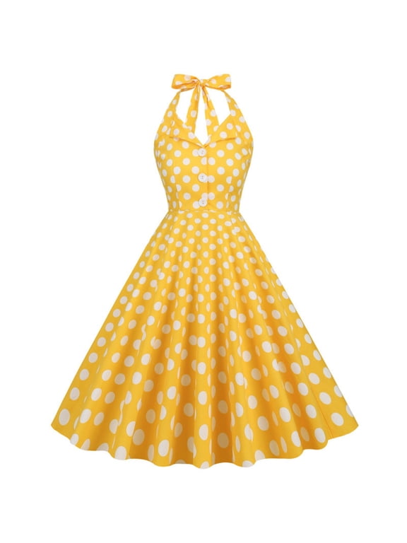 Women's Casual Tennis Dress Sleeveless V Neck Polka Dot Midi Boho Flowing Summer Dress for Daily Wear with Side Slit and Versatile Styling Yellow S