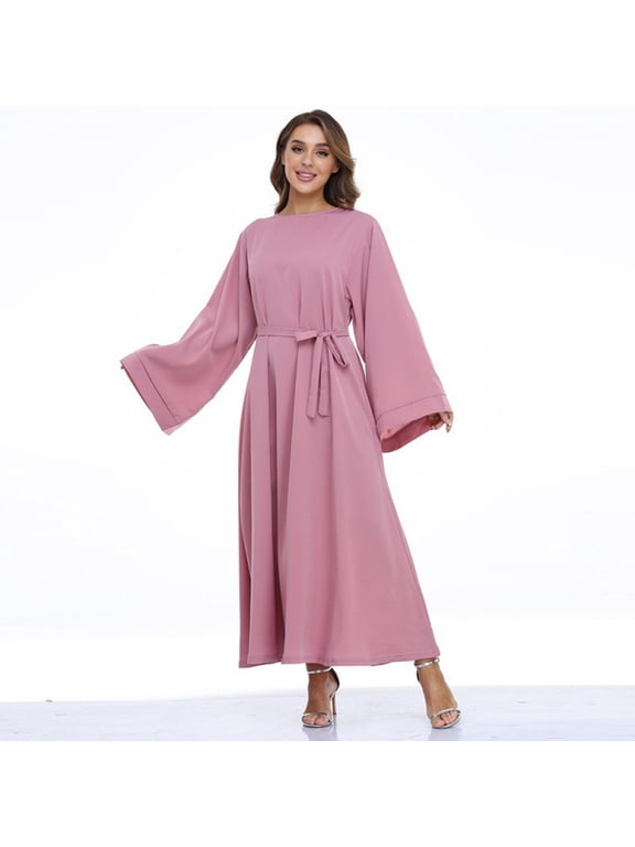 Women's Casual Dress Solid Dress Flare Sleeve Abaya Elegant Dress Arab Kaftan Long Sleeve Solid Dress Silk Gloves for Women Long Burka for Women Headwear Pregnancy Dress for Women plus Size Dresses