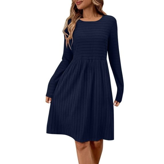 Women's Casual Dress Spring Autumn Fashion Solid Color Round Neck Long Sleeve Waist Flowy Comfortable Stylish Versatile Everyday Wear Womens Casual Trendy Midi Dresses