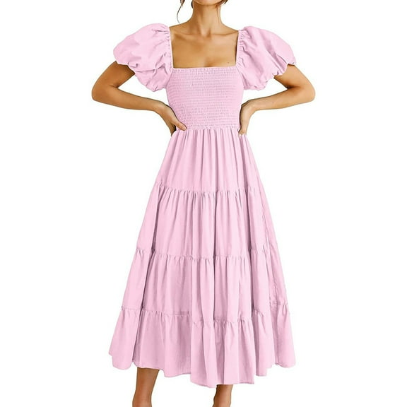 Women's Casual Dress Square Neck Long Tiered Dress With Puff Sleeves For Daily Spring Summer Fall Comfortable Flowy Maxi Dress