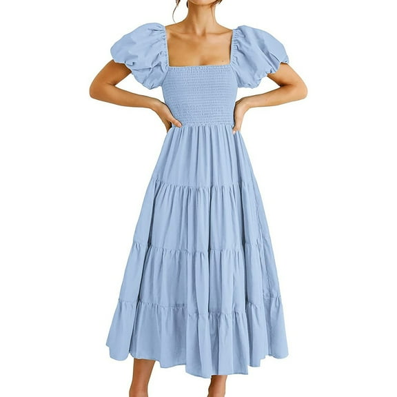Women's Casual Dress Square Neck Long Tiered Dress With Puff Sleeves For Daily Spring Summer Fall Comfortable Flowy Maxi Dress