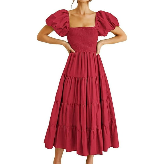 Women's Casual Dress Square Neck Long Tiered Dress With Puff Sleeves For Daily Spring Summer Fall Comfortable Flowy Maxi Dress