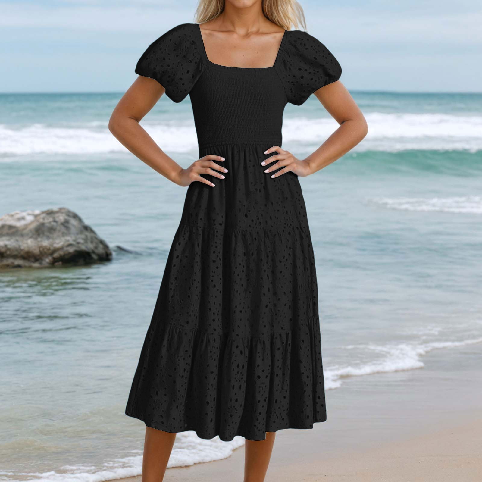 Square Neck Short Sleeve Casual Dress.