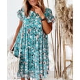 thumbnail image 1 of Women's Casual Tennis Dress Summer Lady Ruffle A Line Dress Floral Print Dresses Women Casual O Neck Elegant Short Sleeve Party Dress Blue L, 1 of 8