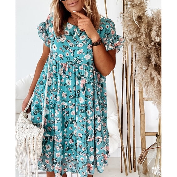 Women's Casual Tennis Dress Summer Lady Ruffle A Line Dress Floral Print Dresses Women Casual O Neck Elegant Short Sleeve Party Dress Blue L