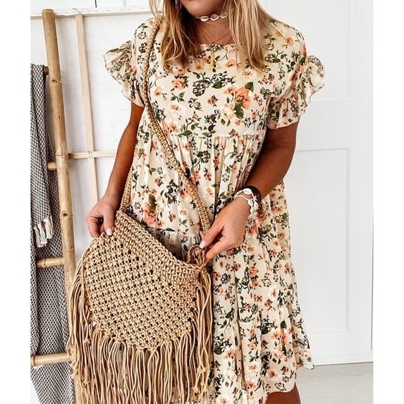 Women's Casual Tennis Dress Summer Lady Ruffle A Line Dress Floral Print Dresses Women Casual O Neck Elegant Short Sleeve Party Dress White L