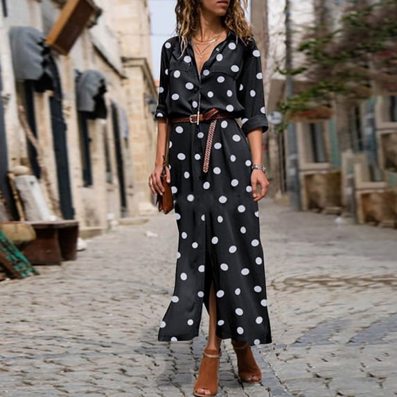 Women's Casual Tennis Dress Summer Polka Dot Dress with Button Slit and Flowy Shirt Black XL