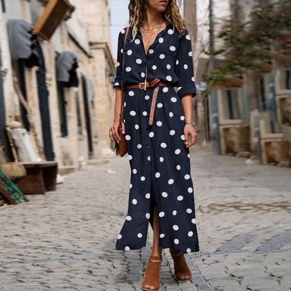 Women's Casual Tennis Dress Summer Polka Dot Dress with Button Slit and Flowy Shirt Blue S