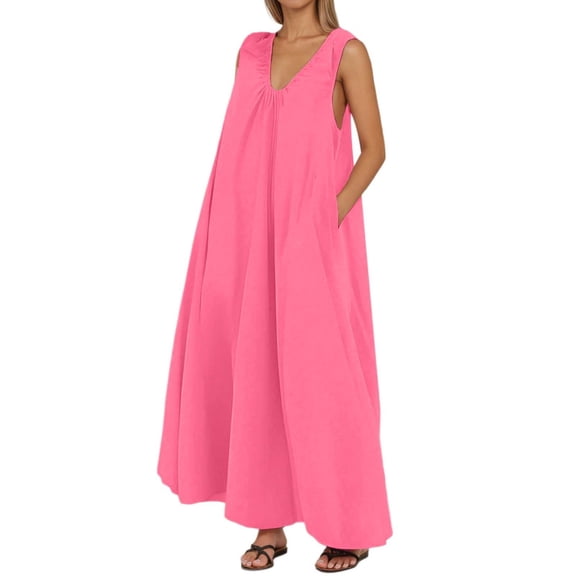 Women's Casual Dress U Neck Sleeveless Pullover Solid Color Maxi Dress For Daily Wear Comfortable Flowy Summer Dress With Wide Straps