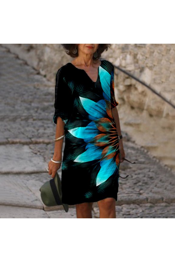 Women's Casual Dress V Neck Elegant Printed Medium Sleeves Dress for Everyday Comfort and Style Black S