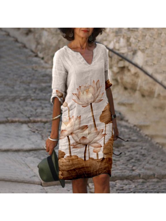 Women's Casual Tennis Dress V Neck Elegant Printed Medium Sleeves Dress for Everyday Comfort and Style Brown S