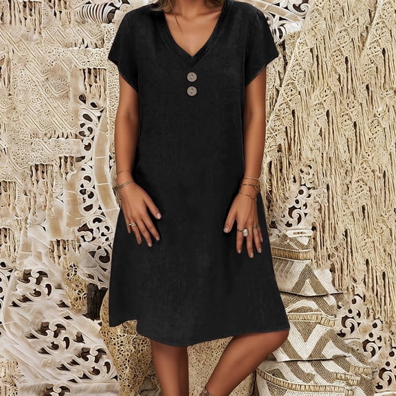 Women's Casual Dress V Neck Lace Hollow Long Sleeve for Everyday Beach Outfits Versatile Summer Wear with Button Detail Ideal for Looks