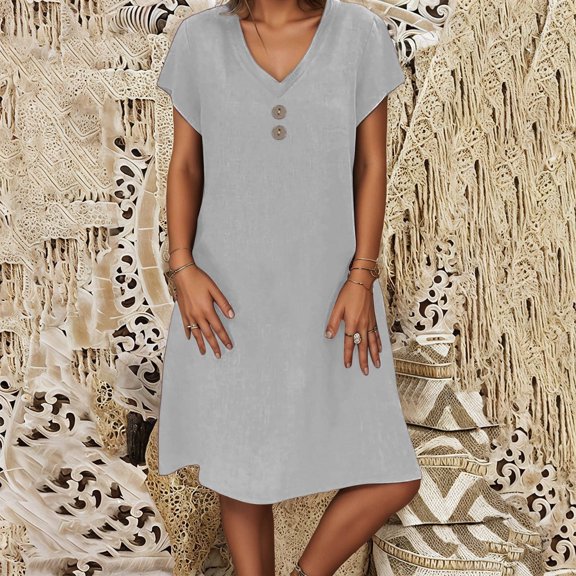 Women's Casual Dress V Neck Lace Hollow Long Sleeve for Everyday Beach Outfits Versatile Summer Wear with Button Detail Ideal for Looks