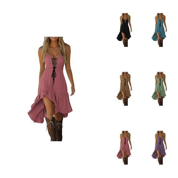 Women's Casual Dress V Neck Lace Up Tie Detail Asymmetrical Flowy Hem, Western Cowgirl Boho Vintage Style Dress for Spring Summer Fall Outfits, Comfortable Everyday Wear with Boots