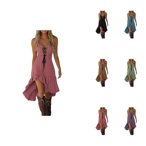 Women's Casual Dress V Neck Lace Up Tie Detail Asymmetrical Flowy Hem, Western Cowgirl Boho Vintage Style Dress for Spring Summer Fall Outfits, Comfortable Everyday Wear with Boots