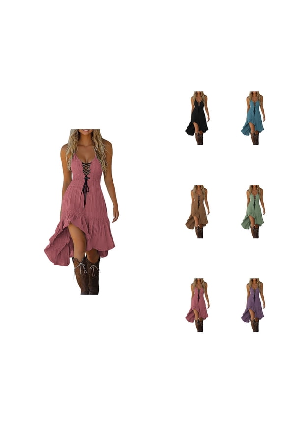 Women's Casual Dress V Neck Lace Up Tie Detail Asymmetrical Flowy Hem, Western Cowgirl Boho Vintage Style Dress for Spring Summer Fall Outfits, Comfortable Everyday Wear with Boots