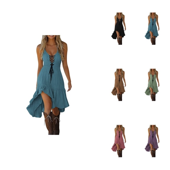 Women's Casual Dress V Neck Lace Up Tie Detail Asymmetrical Flowy Hem, Western Cowgirl Boho Vintage Style Dress for Spring Summer Fall Outfits, Comfortable Everyday Wear with Boots