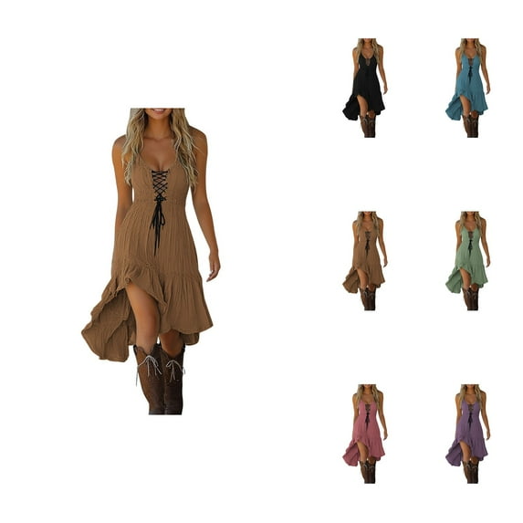 Women's Casual Dress V Neck Lace Up Tie Detail Asymmetrical Flowy Hem, Western Cowgirl Boho Vintage Style Dress for Spring Summer Fall Outfits, Comfortable Everyday Wear with Boots