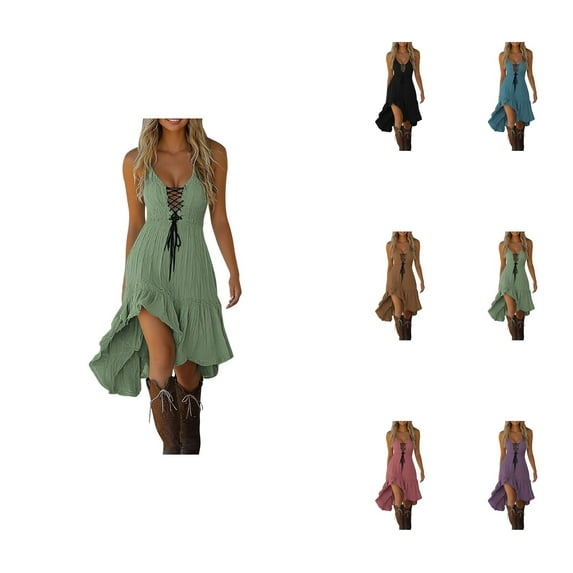 Women's Casual Dress V Neck Lace Up Tie Detail Asymmetrical Flowy Hem, Western Cowgirl Boho Vintage Style Dress for Spring Summer Fall Outfits, Comfortable Everyday Wear with Boots