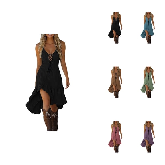 Women's Casual Dress V Neck Lace Up Tie Detail Asymmetrical Flowy Hem, Western Cowgirl Boho Vintage Style Dress for Spring Summer Fall Outfits, Comfortable Everyday Wear with Boots