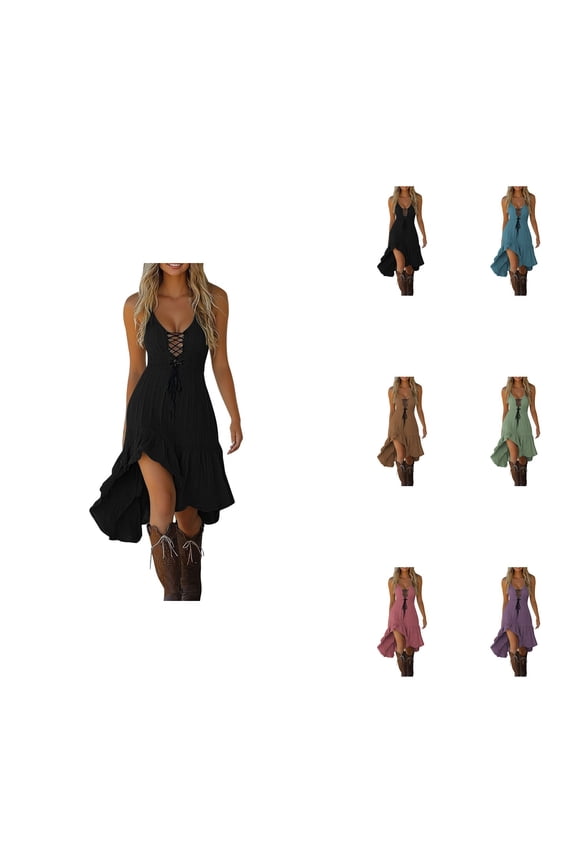 Women's Casual Dress V Neck Lace Up Tie Detail Asymmetrical Flowy Hem, Western Cowgirl Boho Vintage Style Dress for Spring Summer Fall Outfits, Comfortable Everyday Wear with Boots