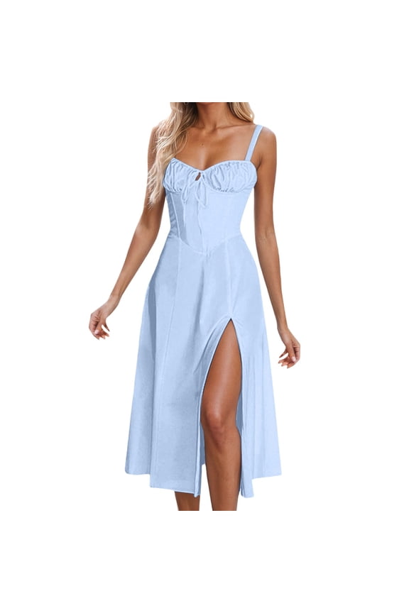 Women's Casual Dress V Neck Low Cut Back Tie Detail Comfortable Everyday Wear Spring Summer Fall Outfit With Leggings Fashion V Neck Ladies Dress Blue L