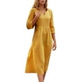 thumbnail image 1 of Women's Casual Dress V Neck Mid Long Sleeve Basic Solid Color Everyday Comfortable Spring Summer Fall Outfit With Necklace, 1 of 2