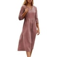 thumbnail image 1 of Women's Casual Dress V Neck Mid Long Sleeve Basic Solid Color Everyday Comfortable Spring Summer Fall Outfit With Necklace, 1 of 2
