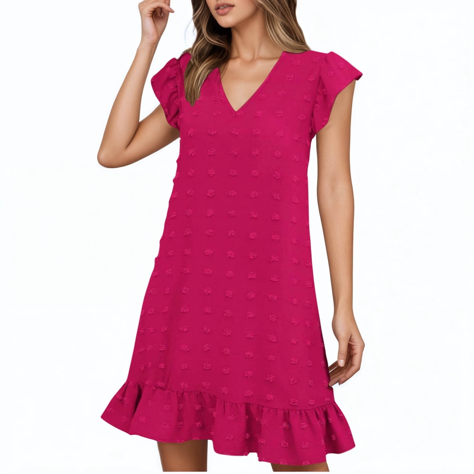 Women's Casual Dress V Neck Midi Dress With Cap Sleeve Ruffle Detail ...