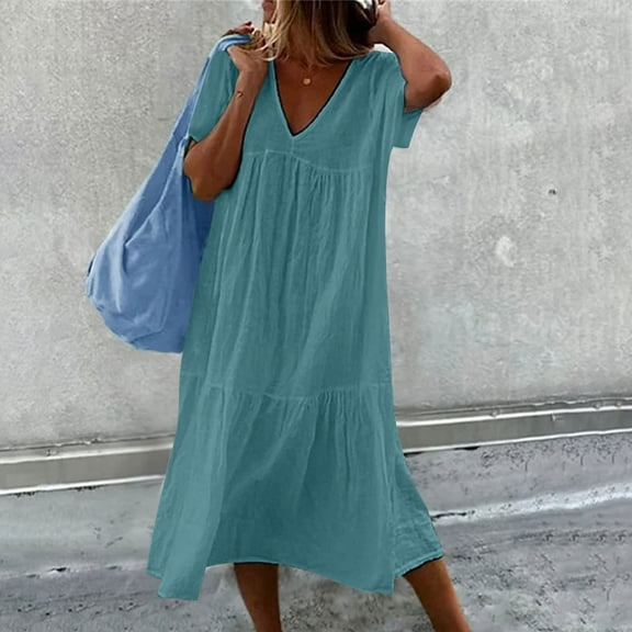 Women's Casual Dress V Neck Short Sleeve Loose Fit Comfortable Solid Color Stitching Flowy Summer Dress