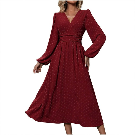 ZQUUVOU Women's Casual Dress V-Neck Solid Color With Long Sleeves Waist Pleated Long Skirt Burgundy
