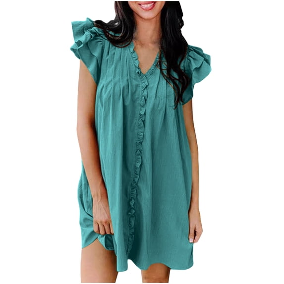 Women's Casual Dress, V-Neck with Ruffle Detail, Loose Fit Midi Dress, Wrinkle-Resistant Polyester for Summer
